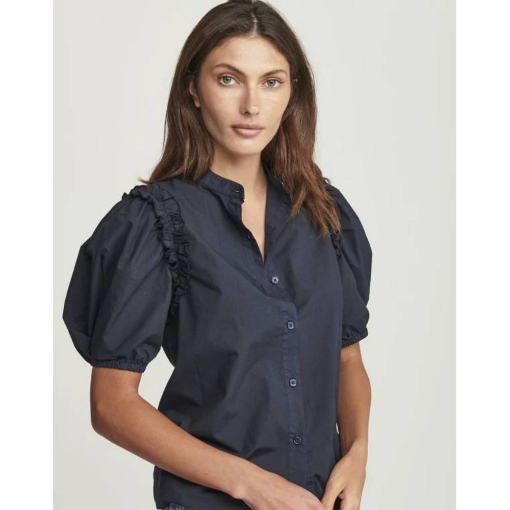 Sundays Manuella Puff Sleeve‎ Blouse Womens Small Navy Blue Ruffle Button Top